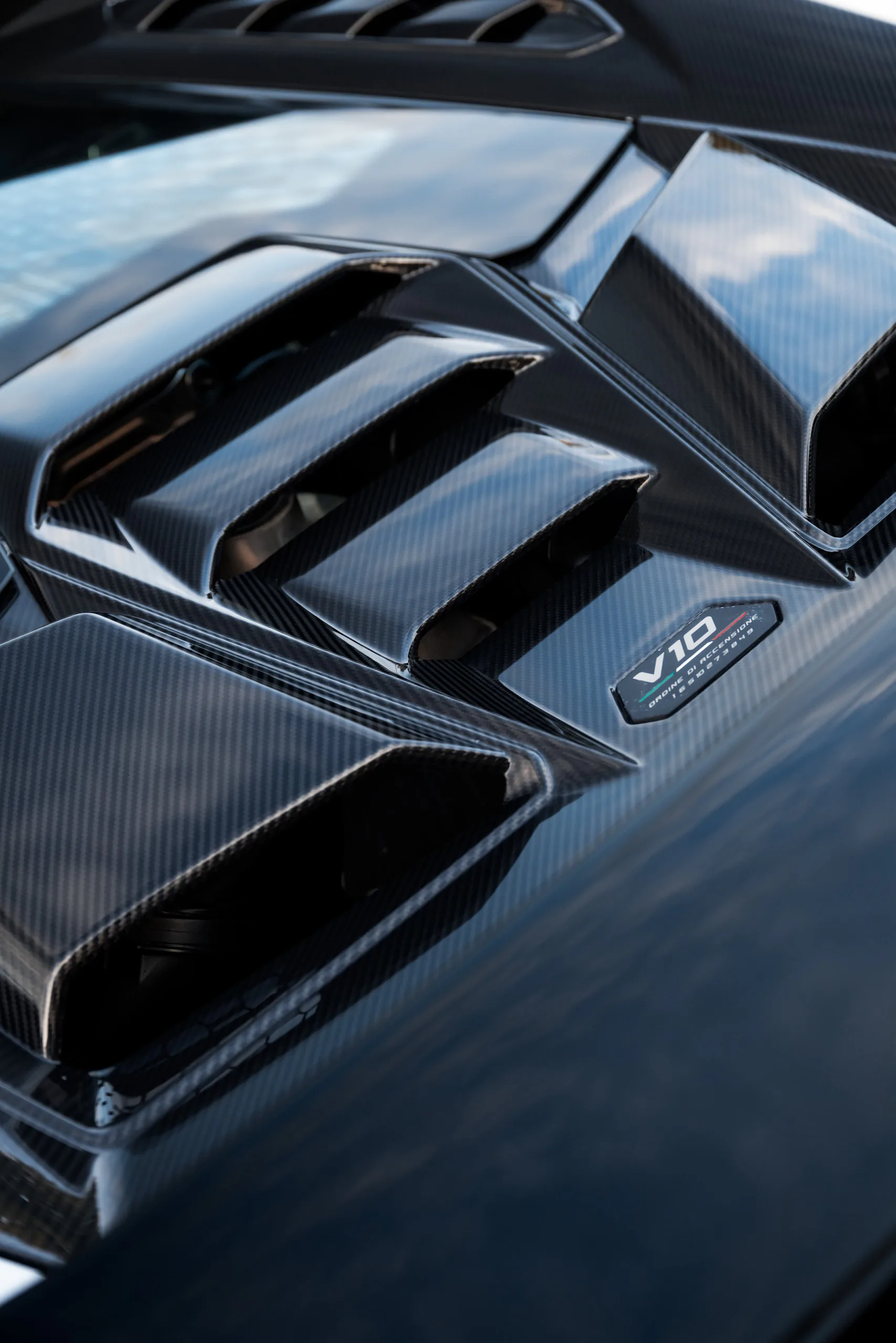 Carbon fibre engine cover louvres with the V10 plaque