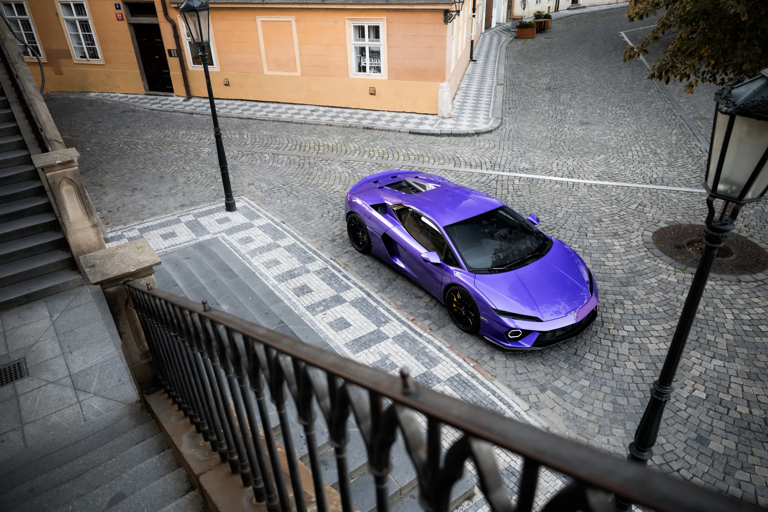 Lamborghini Temerario seen from above on patterned cobblestones